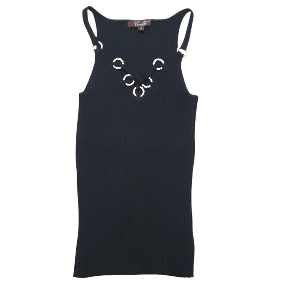 Camille La Vie Tank Top Womens Juniors Small‎ Black Ribbed Stretch Bling New